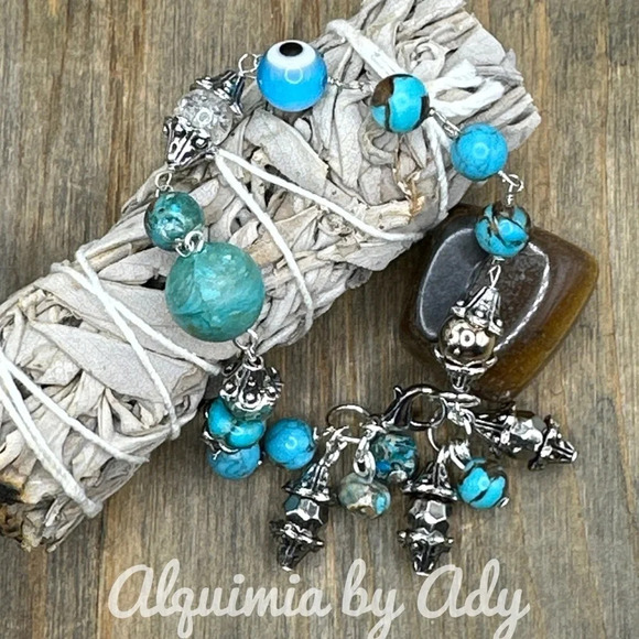 Turquoise silveycharms rosary link adjustable dainty bracelet maximalist - Picture 1 of 12